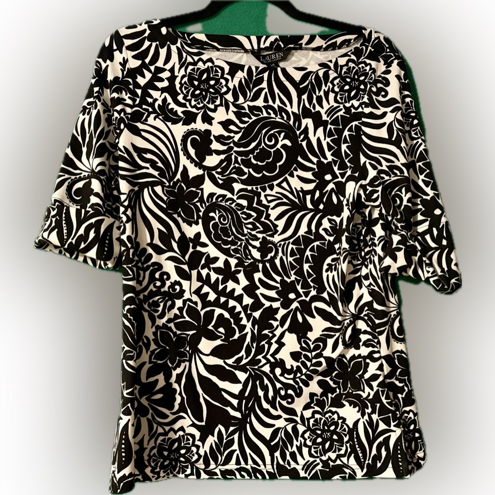 Ralph Lauren Black and White Floral Blouse, Boat Neck, Elbow Sleeves NWT L